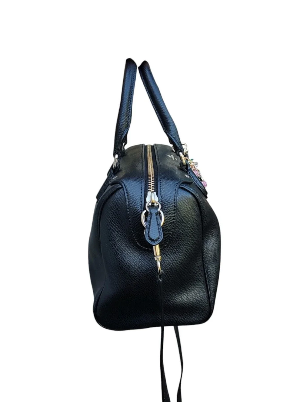 Coach Black Pebbled Leather Satchel with Cherry Charm